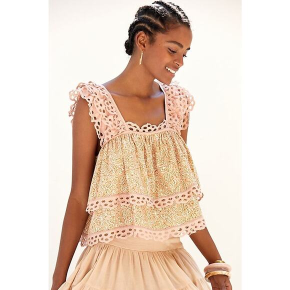 New Anthropologie Let Me Be Eyelet Tiered Swing Top $110 SMALL Neutral Motif - Picture 1 of 4
